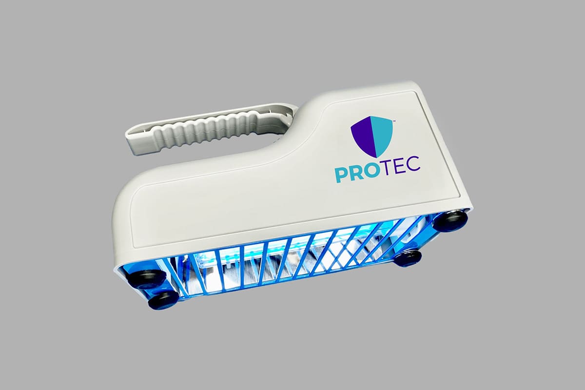 A white device with blue lights on it.