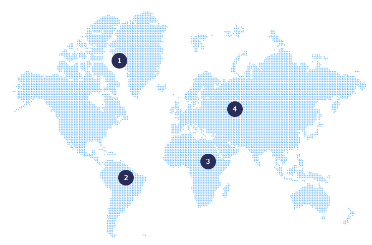 A map of the world with five locations marked.